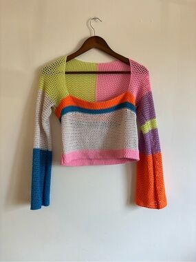 Colorblock Crochet Crop swim cover Sweater - Multicolor